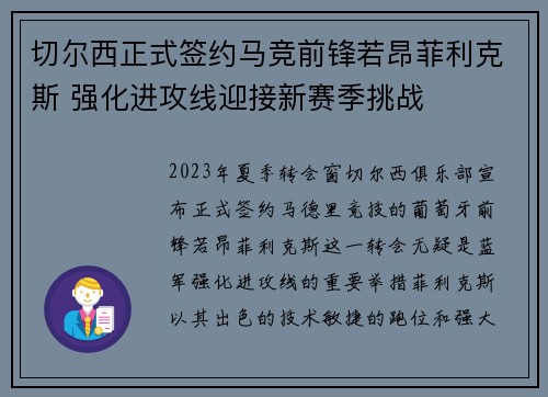 切尔西正式签约马竞前锋若昂菲利克斯 强化进攻线迎接新赛季挑战